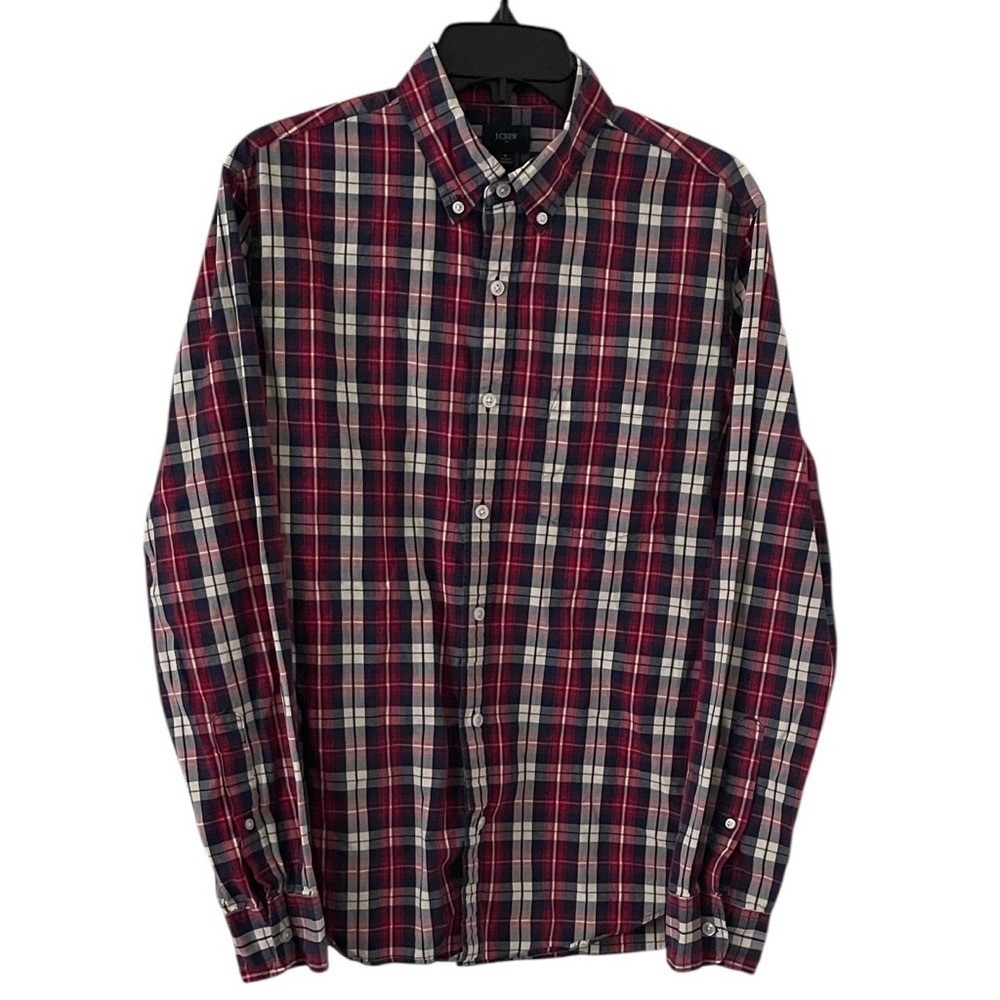 J. Crew Men's Red Navy White Plaid Casual Slim Pocket‎ Button Down Shirt Size M
